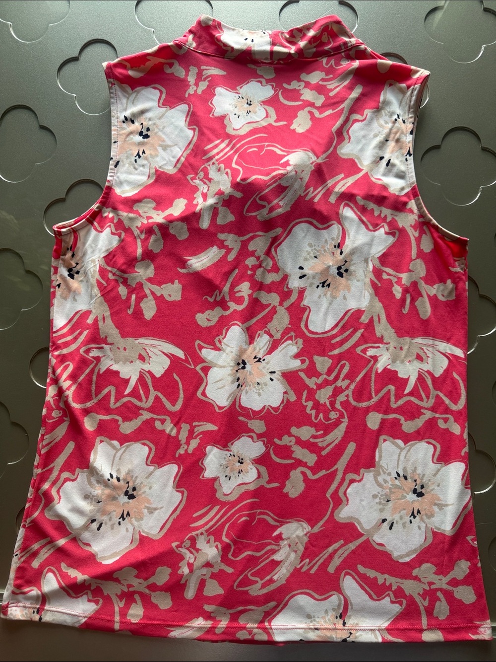 KARL LAGERFELD PARIS Coral Pink Floral Twist Neck Sleeveless Blouse Size Medium - Picture 7 of 11